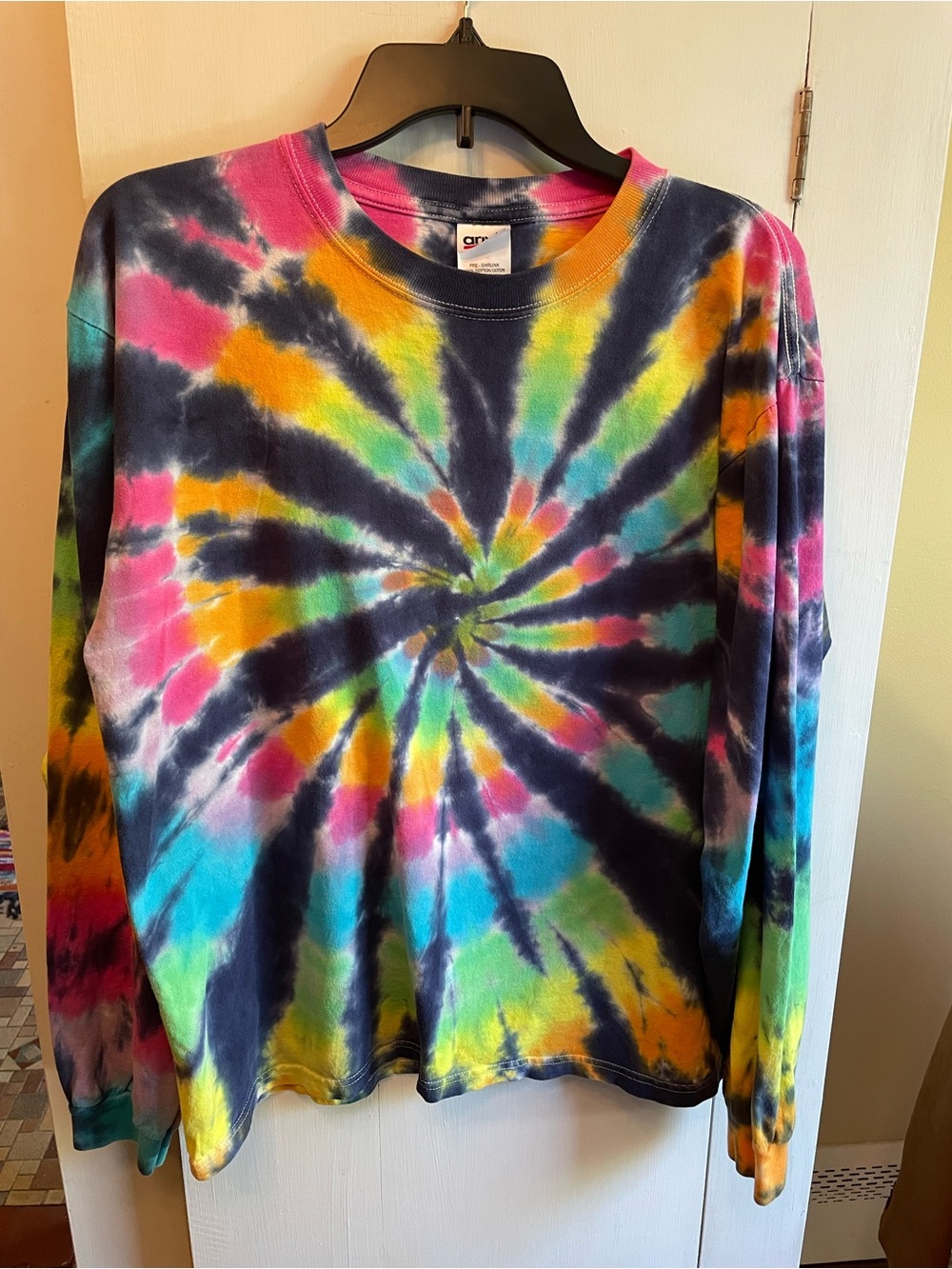 Vintage Anvil Tie Die Psychedelic Spiral Long Sleeve Tee Shirt Blue + Multi